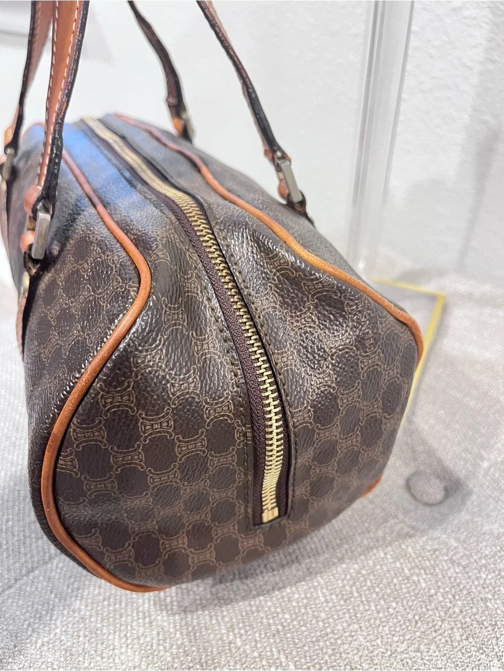 CELINE BROWN MACADAM COATED CANVAS BOSTON BAG
